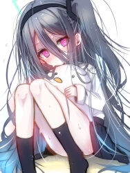  1girl akatsuki_(ggsy7885) ankle_socks artist_name black_hairband black_skirt black_socks blue_archive blue_hair bright_pupils closed_mouth commentary_request convenient_leg dot_mouth dot_nose double-parted_bangs expressionless foot_out_of_frame hair_between_eyes hairband highres holding holding_stuffed_toy hugging_object kei_(aris)_(blue_archive) kei_(blue_archive) knees_together_feet_apart knees_up light_blush light_particles long_hair long_hair_between_eyes long_sleeves looking_at_viewer loosely_tucked_bangs miniskirt multi-source_commentary no_shoes one_side_up partial_commentary pink_eyes ringed_eyes shirt simple_background sitting skirt socks solo stuffed_animal stuffed_toy sweat twitter_username very_long_hair white_background white_pupils white_shirt 