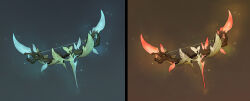  absurdres blue_background bow_(weapon) brown_background commentary concept_art dongho_kang dota_(series) dota_2 english_commentary glowing glowing_bow_(weapon) glowing_weapon highres light_particles no_humans official_art pillarboxed simple_background sketch weapon weapon_focus 