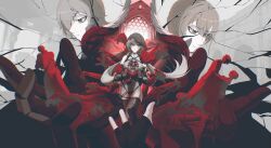  1boy 1girl absurdres black_groza_(girls'_frontline_2) black_leotard black_veil blood blood_from_eyes bodysuit boots breasts brown_hair commander_(girls'_frontline) commentary crying crying_with_eyes_open english_commentary extra_arms girls'_frontline_2:_exilium girls_frontline gloves highleg highleg_leotard highres holding holding_jewelry holding_ring hug jewelry krmpuris leotard long_hair looking_at_viewer medium_breasts multiple_persona ots-14_(girls'_frontline) pov ring see-through_clothes see-through_veil standing tears thigh_boots thigh_gap thighs twintails veil very_long_hair wedding_ring yellow_eyes 
