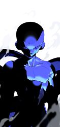  1boy alien blue_theme closed_mouth colored_skin dragon_ball dragon_ball_z expressionless final_form_frieza frieza highres kokusoji lips looking_at_viewer male_focus monochrome pectorals simple_background smoke solo tail twitter_username 