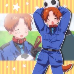  2boys animal_collar animal_ears axis_powers_hetalia ball belt black_belt black_gloves blue_jacket blue_necktie blue_pants blush breast_pocket brown_hair closed_eyes collar commentary_request cowboy_shot dog_ears dog_tail drop_shadow germany_(hetalia) gloves holding holding_ball holding_leash jacket jmg34qt_39 leash male_focus military_jacket multiple_boys necktie no_nose northern_italy_(hetalia) open_mouth outline pants parted_bangs pocket soccer_ball star_(symbol) striped_background tail vertical-striped_background white_outline 