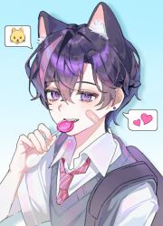  1boy animal_ear_fluff backpack bag bandaid bandaid_on_cheek bandaid_on_face blue_background candy cat_boy cat_emoji collared_shirt commentary double-parted_bangs earrings eyelashes fang fingernails food food_in_mouth gg_0ng grey_sweater_vest hand_up heart holding holding_candy holding_food holding_lollipop jewelry kemonomimi_mode lollipop looking_at_viewer male_focus mole mole_under_eye multicolored_hair nape_braid necktie oto_rainy pinstripe_necktie purple_hair red_necktie shadow shirt short_sleeves simple_background skoshism solo spoken_heart streaked_hair sweater_vest untranslatable_commentary upper_body utaite violet_eyes virtual_youtuber white_shirt 