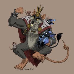  animal_ears animal_on_finger beak black_fur buck_teeth cape cross_scar crown deadlock_(game) fur-trimmed_cape fur_trim furry furry_male highres mouse_(animal) mouse_boy mouse_ears notched_ear notched_ears pajamas purple_ears purple_pajamas rat_king_(deadlock) red_cape rem_(deadlock) saran_kit scar scar_on_face scar_on_nose scar_on_thigh teeth whiskers 