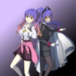  2girls :d back-to-back belt black_horns black_jacket black_pantyhose black_skirt blue_hair blue_nails blunt_bangs blurry blurry_background bow bowtie breasts brown_skirt cardigan cardigan_around_waist closed_mouth clothes_around_waist collared_shirt commentary dated demon_girl demon_horns dual_persona feet_out_of_frame floating_hair gradient_background gradient_hair gyaru hand_on_own_hip hand_up haoge_china high-waist_skirt highres horns impossible_clothes impossible_jacket jacket kogal kohibari_kurumi large_breasts long_hair long_sleeves looking_at_viewer miniskirt mizuka_academy_school_uniform multicolored_hair multicolored_nails multiple_girls nail_polish open_mouth orange_hair pantyhose pencil_skirt pink_hair pleated_skirt pointy_ears ponytail purple_background red_belt school_uniform shirt signature simple_background skirt sleeves_rolled_up sley_(tenshi_souzou_re-boot!) smile standing tenshi_souzou_re-boot! thighs twintails two-tone_background two-tone_nails v v_over_mouth white_shirt yellow_bow yellow_bowtie yellow_eyes yellow_nails 