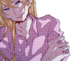  1boy ayukawa_ryuuji blonde_hair blue_period blurry blurry_background commentary_request crying hand_on_own_arm highres hug long_hair looking_at_viewer male_focus nkst_489 pink_shirt shirt simple_background tears trap white_background 