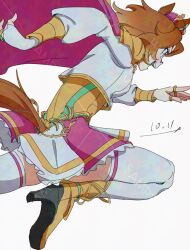  1girl animal_ears armor blush boots breasts cape crown ear_ornament fingerless_gloves gloves gold_boots gold_corset hair_between_eyes highres horse_ears horse_girl horse_tail jewelry long_sleeves mini_crown multiple_rings nao_art open_mouth orange_hair orange_tail pink_cape pink_crown ring running shirt short_hair shoulder_armor single_fingerless_glove skirt smile solo t.m._opera_o_(o_sole_suo!)_(umamusume) t.m._opera_o_(umamusume) tail teeth thigh-highs two-tone_skirt umamusume violet_eyes white_shirt white_thighhighs 