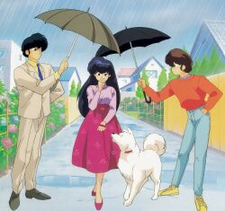  1girl 2boys black_hair blue_flower breasts brown_hair calendar_(medium) collar covering_own_mouth denim dog fence flower godai_yuusaku grass hair_between_eyes hand_in_pocket hand_over_own_mouth highres holding holding_umbrella house long_hair long_sleeves looking_at_another looking_at_viewer maison_ikkoku medium_breasts mitaka_shun multiple_boys nakajima_atsuko necktie orange_shirt otonashi_kyouko rain red_skirt serious shirt shoes short_hair skirt sneakers souichirou_(dog) stone_walkway tile_roof umbrella white_dog window 