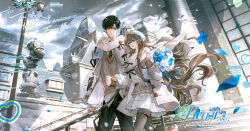  1boy 1girl absurdres argyle_clothes argyle_necktie bag belt black_hair black_necktie black_pants blue_eyes blue_flower blue_petals bouquet brown_belt brown_hair brown_sweater building character_request closed_mouth clouds cloudy_sky coat collared_shirt commission copyright_request couple day falling_petals floating_hair flower gao_ya_guo_zhu_fan green_eyes grey_pantyhose happy_anniversary heart heart_o-ring hetero highres holding holding_bouquet holding_hands lamppost light_smile long_hair long_sleeves looking_at_another loose_belt mihuashi_commission miniskirt mole mole_under_eye necktie o-ring o-ring_thigh_strap open_clothes open_coat outdoors pants pantyhose parted_lips petals railing scarf scenery shirt short_hair shoulder_bag skirt sky smile snowing stairs sweater thigh_strap urban very_long_hair walking watermark white_coat white_flower white_scarf white_skirt winter winter_clothes 