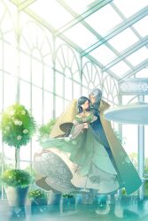  1boy 1girl blue_hair blue_tunic bob_cut boots braid cape commentary_request day dress ferdinand_(honzuki_no_gekokujou) flower green_dress greenhouse grey_boots hair_flower hair_ornament highres honzuki_no_gekokujou hug hug_from_behind indoors keiko_(x_h2o) long_dress long_hair long_sleeves looking_at_another looking_back myne_(honzuki_no_gekokujou) parted_bangs partial_commentary short_hair standing sunlight tunic wide_sleeves yellow_cape yellow_eyes 