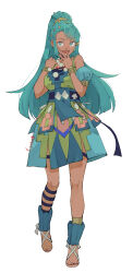  1girl :d absurdres aqua_hair bead_necklace beads bracelet commentary_request covering_own_mouth dark-skinned_female dark_skin dress esmeralda_sinza fire_emblem fire_emblem:_fortune's_weave gold_jewelry green_eyes green_hair hair_ornament hairclip high_ponytail highres jewelry multicolored_dress multiple_hairclips necklace open_mouth ponytail sandals smile solo yachimata_1205 