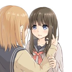  2girls betock blonde_hair blue_eyes blush bow brown_hair brown_sweater cardigan commentary_request grey_cardigan grey_sailor_collar hand_in_another's_hair hand_on_another's_arm highres long_hair long_sleeves looking_at_another medium_hair multiple_girls open_mouth original pink_bow sailor_collar school_uniform simple_background straight_hair sweater upper_body white_background yuri 