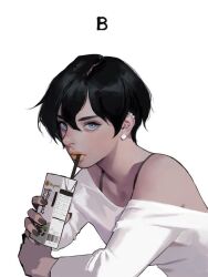  1girl black_bra black_hair blue_eyes bra bra_strap breasts collarbone commentary dark-skinned_female dark_skin diamond-shaped_earrings dongho_kang drink_carton drinking drinking_straw drinking_straw_in_mouth ear_piercing english_commentary eyelashes fingernails grey_nails hair_between_eyes holding holding_drink_carton holding_juice_box juice_box lips long_sleeves looking_at_viewer nose original piercing realistic shirt short_hair simple_background single_off_shoulder small_breasts solo third-party_source tomboy underwear upper_body white_background white_shirt 