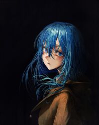  absurdres blue_eyes blue_hair brown_coat brown_sleeves character_request coat collar dark_background from_side hair_between_eyes highres long_eyelashes long_hair long_sleeves looking_at_viewer nemesiss_shido open_mouth original simple_background teeth upper_body white_collar 