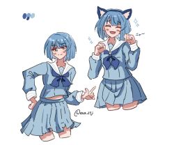  1girl animal_ears blue_eyes blue_hair blue_serafuku blush cat_ears commentary dress ena_25ji fang kiritani_haruka long_sleeves multiple_views neck_ribbon open_mouth paw_pose pleated_skirt project_sekai ribbon sailor_collar sailor_dress school_uniform serafuku short_hair simple_background skirt smile sparkle white_background 