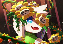  1boy absurdres animal_ears asriel_dreemurr commentary_request fangs flower flowey_(undertale) furry furry_male green_sweater highres looking_at_viewer male_focus open_mouth plant skin_fangs smile solo spoilers sweater thorns tongue undertale utdr_(toby_fox) vines watawata22 