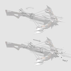  3d arrow_(symbol) boyang_zhu commentary concept_art crossbow dongho_kang dota_(series) dota_2 english_commentary english_text firing gradient_background highres no_humans official_art reloading simple_background sketch weapon weapon_focus 