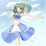  ;d adapted_costume adult armpits bare_shoulders blue_hair breasts cloud clouds daiyousei edamame_(barium) fairy_wings green_hair hair_ribbon microphone midriff navel open_mouth outstretched_arm ribbon side_ponytail skirt sky smile solo touhou wind wings wink 