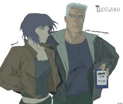  0frog00 1boy 1girl absurdres batou_(gits) black_hair black_shirt brown_jacket closed_mouth collared_jacket commentary_request copyright_name cyborg english_text gh ghost_in_the_shell ghost_in_the_shell_(1995) green_pants hands_in_pockets highres holding jacket kusanagi_motoko looking_at_another looking_at_viewer mechanical_eyes pants shirt short_sleeves simple_background upper_body white_background white_hair yellow_jacket 