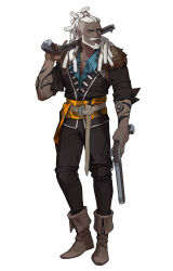  1boy absurdres ankle_boots arm_tattoo beard_stubble belt belt_buckle black_pants black_shirt blue_eyes boots brown_belt brown_boots brown_sash buckle collarbone commentary concept_art dark-skinned_male dark_skin dongho_kang dreadlocks dual_wielding english_commentary facial_hair finn_(halcyon_zero) frilled_shirt frills full_body fur_trim gun halcyon_zero hand_on_own_hip hand_up handgun highres holding holding_gun holding_weapon long_hair looking_at_viewer male_focus mustache_stubble nose official_art over_shoulder pants parted_lips pectoral_cleavage pectorals shirt simple_background smile solo standing stubble tattoo teeth toned toned_male untucked_shirt weapon weapon_over_shoulder white_background white_hair 