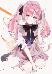  1girl absurdres anyoji_hime anyoji_hime_(birthday_french_girly) bag black_bow black_bowtie blonde_hair blue_eyes blush bow bowtie closed_mouth commentary dkou dress frilled_dress frilled_sleeves frills gradient_hair handbag heart-shaped_bag highres long_hair looking_at_viewer love_live! love_live!_hasu_no_sora_jogakuin_school_idol_club multicolored_hair pinafore_dress pink_bag pink_dress pink_hair puffy_short_sleeves puffy_sleeves seiza shirt short_dress short_sleeves sitting sleeveless sleeveless_dress solo twintails two-tone_hair untranslatable_commentary very_long_hair virtual_youtuber white_shirt 
