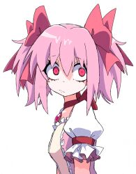 1girl bow chest_jewel commentary dr_yamero dress frilled_dress frills from_side gem hair_bow highres kaname_madoka kaname_madoka_(magical_girl) looking_at_viewer magical_girl mahou_shoujo_madoka_magica mahou_shoujo_madoka_magica_(anime) pink_bow pink_eyes pink_gem pink_hair puffy_short_sleeves puffy_sleeves short_sleeves simple_background solo soul_gem_(madoka_magica) upper_body white_background