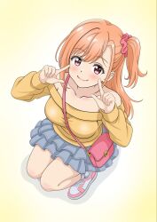  1girl bag bare_shoulders breasts closed_mouth collarbone commentary fingers_to_cheeks frilled_skirt frills full_body grey_skirt hair_ornament hair_scrunchie handbag highres ikizulive!_love_live!_bluebird looking_at_viewer love_live! love_love_comedy medium_breasts miniskirt off-shoulder_shirt off_shoulder one_side_up orange_hair pink_bag pink_scrunchie pink_shoes red_eyes scrunchie shirt shoes skirt smile sneakers solo squatting takahashi_polka untranslatable_commentary yellow_shirt 