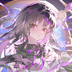  1girl akemi_homura black_background black_capelet black_hair black_hairband bow bowtie capelet clock collared_capelet colored_inner_hair commission dress expressionless eyelashes eyes_visible_through_hair floating_hair hairband hand_on_own_chest highres layered_sleeves long_sidelocks long_sleeves magical_girl mahou_shoujo_madoka_magica mahou_shoujo_madoka_magica_(anime) mihuashi_commission multicolored_hair parted_lips purple_bow purple_bowtie purple_capelet purple_hair sample_watermark shield sidelocks solo tongtong_bu_chi_huluobo tsurime two-tone_capelet two-tone_hair upper_body violet_eyes watermark white_dress 