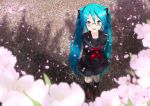  akahige aqua_eyes aqua_hair cherry_blossoms glasses hatsune_miku petals seifuku vocaloid 