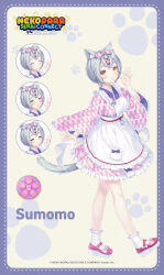  1girl :3 animal_ears ankle_socks apron bell blush bow breasts cat_ears cat_girl cat_tail character_name closed_eyes closed_mouth footwear_bow frilled_apron frilled_kimono frills grey_hair hair_bow japanese_clothes jingle_bell kimono maid mary_janes medium_breasts nekopara nekopara_sekai_connect open_mouth pink_bow pink_kimono platform_shoes purple_bow red_ribbon ribbon sayori_(neko_works) shoes short_hair short_kimono socks sumomo_(nekopara) tail thick_eyebrows wa_maid white_apron yagasuri yellow_eyes 