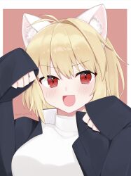 1girl :d animal_ear_fluff animal_ears antenna_hair arcueid_brunestud blonde_hair borrowed_clothes breasts cat_ears cat_girl commentary_request gakuran hair_between_eyes highres jacket kemonomimi_mode large_breasts looking_at_viewer open_clothes open_jacket open_mouth paw_pose pink_background ponpon_poteto red_eyes school_uniform short_hair single_hair_intake sleeves_past_fingers sleeves_past_wrists smile solo souya_high_school_uniform sweater tsukihime tsukihime_(remake) turtleneck turtleneck_sweater upper_body 
