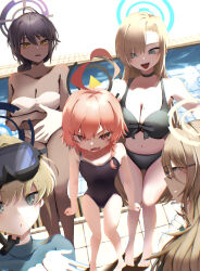  5girls :o absurdres ahoge akane_(blue_archive) anda_meshi asuna_(blue_archive) barefoot bikini black_bikini black_halo blonde_hair blue_archive blue_eyes blue_halo bodysuit braid breasts brown_hair cleaning_&amp;_clearing_(blue_archive) colored_eyebrows commentary_request dark-skinned_female dark_skin diving_suit from_above frustrated glasses hair_over_one_eye halo highres huge_ahoge karin_(blue_archive) large_breasts long_hair looking_at_another mole mole_on_breast mole_under_each_eye mole_under_eye multiple_girls multiple_moles navel neru_(blue_archive) one-piece_swimsuit open_hands open_mouth orange_hair pigeon-toed poolside purple_halo red_eyes shadow short_hair single_braid small_breasts smile smirk snorkel snorkel_mask squinting standing strapless strapless_bikini swimsuit tile_floor tiles toes toki_(blue_archive) water wetsuit white_bikini yellow_eyes yellow_halo 