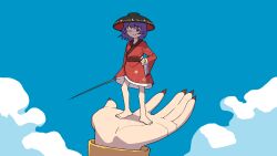  2girls ;) barefoot black_hat blue_sky bowl bowl_hat bracelet closed_mouth clouds fingernails hat highres japanese_clothes jewelry kijin_seija kimono long_fingernails mini_person minigirl multiple_girls one_eye_closed outdoors punidayo purple_hair red_eyes red_kimono red_nails sash short_hair sky smile solo_focus standing standing_on_another's_hand sukuna_shinmyoumaru touhou 