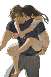  1boy 1girl absurdres bare_arms barefoot black_shorts blue_shirt brown_hair carrying chinese_commentary commentary cowboy_shot drawstring facial_hair grey_pants highres juli_cyisa leon_s._kennedy long_hair looking_at_another oc_x_canon off-shoulder_shirt off_shoulder open_mouth orange_eyes original pants piggyback raised_eyebrow resident_evil ribbed_shirt shirt short_hair short_shorts short_sleeves shorts simple_background smile sweatpants white_background white_shirt 