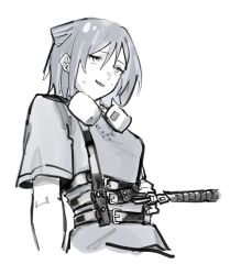  1girl cho_kaguya-hime! commentary cone_hair_bun english_commentary greyscale hair_bun harness headphones headphones_around_neck highres implied_yuri jewelry leash monochrome necklace pom_dovu sakayori_iroha sakayori_iroha_(wego) short_sleeves simple_background solo upper_body white_background 