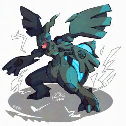  black_skin black_wings colored_sclera colored_skin full_body looking_at_viewer mistray-art no_humans numbered open_mouth pokemon pokemon_(creature) pokemon_focus red_sclera sharp_teeth signature simple_background solo tail teeth white_background wings zekrom 