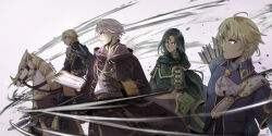  4boys arrow_(projectile) artist_name book camus_(fire_emblem) cloak closed_mouth english_commentary fire_emblem fire_emblem:_mystery_of_the_emblem fire_emblem:_path_of_radiance fire_emblem:_the_binding_blade fire_emblem_awakening fire_emblem_heroes hihkoo holding holding_book hood hood_down hooded_cloak horse horseback_riding klein_(fire_emblem) looking_to_the_side male_focus male_robin_(fire_emblem) multiple_boys open_book profile quiver riding soren_(fire_emblem) twitter_username 