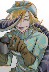  1boy absurdres aqua_eyes aqua_sweater argyle_clothes argyle_sweater blonde_hair blue_hat blue_lips brown_gloves coffee coffee_mug commentary_request cracked_skin cup diego_brando dinosaur_tail eyelashes gloves hair_between_eyes hat highres holding holding_cup jojo_no_kimyou_na_bouken long_sleeves male_focus mug one_eye_covered open_mouth pal_no_uta peaked_cap scary_monsters_(stand) simple_background solo steel_ball_run sweater tail turtleneck turtleneck_sweater upper_body white_background 