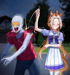  1boy 1girl absurdres ahoge animal_ears blue_pants blush bow bowtie closed_eyes closed_mouth colored_bangs commentary ear_covers english_commentary highres horse_ears horse_girl horse_tail long_hair manjo_(warito) multicolored_hair open_mouth orange_hair orfevre_(umamusume) outdoors pants pleated_skirt puffy_short_sleeves puffy_sleeves purple_bow purple_bowtie purple_shirt red_shirt sailor_collar sailor_shirt school_uniform shirt short_sleeves skirt smack smile t-head_trainer_(umamusume) tail teeth thigh-highs tongue tracen_school_uniform trainer_(umamusume) two-tone_hair umamusume white_hair white_skirt white_thighhighs 