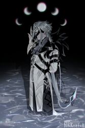  1boy absurdres arms_behind_back artist_name ascot black_pants chromatic_aberration closed_mouth coat commentary dark dottore_(genshin_impact) eye_mask fur-trimmed_coat fur_trim genshin_impact grey_ascot grey_hair highres male_focus mask moon nikkorfek pants short_hair smile solo wading water white_coat 