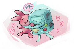  :3 adventure_time antvkosumaq bmo closed_eyes closed_mouth commentary_request full_body heart holding holding_stuffed_toy korean_commentary no_humans robot smile solo speech_bubble stuffed_animal stuffed_rabbit stuffed_toy third-party_source 
