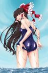  adjusting_swimsuit ass blue_swimsuit blush bow brown_eyes brown_hair from_behind hair_bow hair_tubes hakurei_reimu looking_back marubonman open_mouth school_uniform solo swimsuit swimsuit_pull touhou water wet 