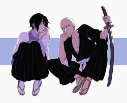  2boys ayasegawa_yumichika bald black_hair black_hakama bleach bleach:_epilogue blue_eyes commentary_request earrings eyeliner frypannn hakama head_rest highres holding holding_sword holding_weapon japanese_clothes jewelry korean_commentary madarame_ikkaku makeup male_focus multiple_boys red_eyeliner sandals sheath sheathed shihakusho socks sword weapon white_socks 