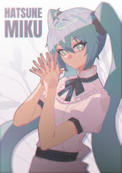  1girl ahoge aqua_eyes aqua_hair aqua_nails bow bowtie character_name closed_mouth double-parted_bangs dress egh_(ssquan) from_side hair_between_eyes hair_tie hands_up hatsune_miku high_collar highres interlocked_fingers light_smile long_hair looking_at_viewer own_hands_together puffy_short_sleeves puffy_sleeves short_sleeves sidelocks solo twintails upper_body very_long_hair vocaloid white_background white_dress 