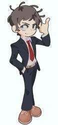  1boy adachi_tohru arm_up belt belt_buckle black_jacket black_pants black_suit brown_belt brown_hair brown_shoes buckle closed_mouth collared_shirt finger_gun full_body hand_in_pocket jacket lapels layered_sleeves looking_to_the_side male_focus necktie notched_lapels open_clothes open_jacket pants persona persona_4 pointing pointing_at_self red_necktie sam_(kyaptainkiddo) shirt shoes short_hair sideways_glance smirk solo standing suit suit_pants very_short_hair white_shirt wing_collar 