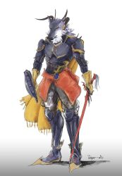  1boy amano_yoshitaka_(style) animal_ears armor artist_name black_armor dated english_commentary final_fantasy final_fantasy_v furry furry_male highres holding holding_shield holding_sword holding_weapon horns kelger_vlondett male_focus shield sign sword tempomcflurry weapon white_background wolf_boy wolf_ears 