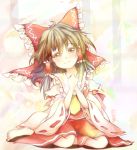  ascot bare_shoulders bow brown_eyes brown_hair cusozee detached_sleeves hair_bow hair_tubes hakurei_reimu hands_on_own_chest hands_to_chest hands_together head_tilt sitting smile solo sunlight touhou 