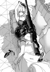  1girl ahoge bare_shoulders black_choker black_dress black_gloves bolt_action breasts bullpup cheyanne_(girls'_frontline_2) cheyanne_(maiden_debut)_(girls'_frontline_2) cheytac_m200 choker couch cushion dress flower girls'_frontline_2:_exilium girls_frontline gloves greyscale gun high_heel_sandals high_heels highres l68xl84 looking_at_viewer lying m200_(girls'_frontline) medium_hair monochrome official_alternate_costume on_back on_couch ponytail rifle sandals scope simple_background small_breasts sniper_rifle solo weapon 