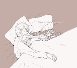  1boy 1girl alternate_costume ame66s closed_eyes closed_mouth commentary_request dated_commentary from_above greyscale happy_new_year hetero highres kimetsu_no_yaiba kochou_kanae lineart long_hair long_sleeves monochrome pajamas pillow scar scar_on_cheek scar_on_face shared_bed sheath shinazugawa_sanemi short_hair sleeping sleeping_together under_covers 