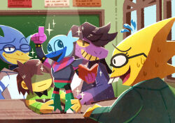  1boy 1other 2girls absurdres alphys androgynous antenna_hair berdly_(deltarune) bird_boy black-framed_eyewear black_eyes black_shirt brown_hair buck_teeth cardigan closed_mouth collared_shirt colored_sclera colored_skin colored_teeth commentary_request deltarune furry furry_female furry_male glasses green_sweater grin highres indoors kris_(deltarune) long_sleeves multiple_girls no_eyes one_eye_closed open_cardigan open_clothes open_mouth purple_cardigan reptile_girl round_eyewear shaded_face shirt shirt_under_sweater short_hair short_sleeves smile susie_(deltarune) sweat sweater teeth thrash_machine upper_teeth_only utdr_(toby_fox) watawata22 white_shirt yellow_sclera yellow_skin yellow_teeth 