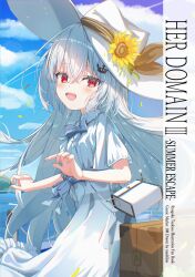  1girl :d bag black_ribbon blue_bow blue_bowtie blue_sky bow bowtie clouds comiket_108 commentary_request contrail crown_hair_ornament day dress falling_petals flower hair_ornament handbag hat hat_flower hat_ribbon light_particles long_hair mashilon open_mouth outdoors petals red_eyes ribbon ryogoku_tsukasa sash short_sleeves shoulder_strap sky smile solo specialite_(company) suitcase sunflower very_long_hair virtual_youtuber waist_sash white_dress white_hair white_hat yellow_flower 